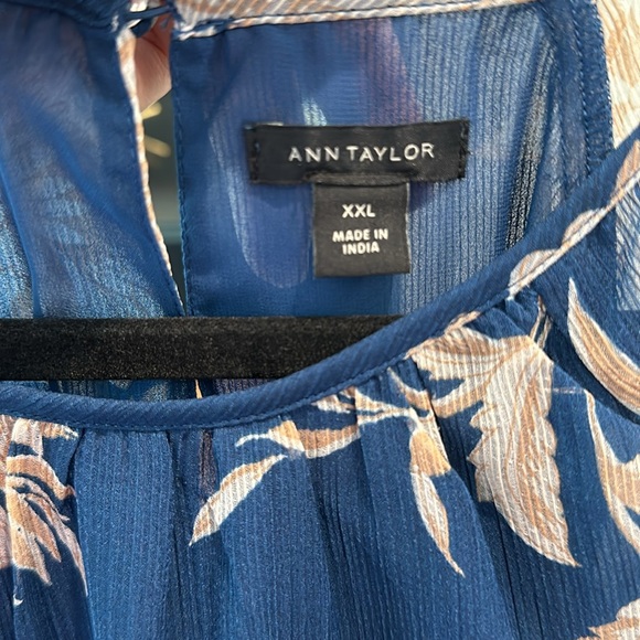 XXL teal w/cream floral Ann Taylor blouse one button cuff long sleeve scoop neck - Picture 12 of 12